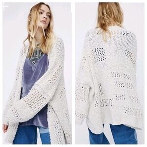 Free People Saturday Morning Open-Knit Oatmeal Chunky Cardigan Sz S Woolblend